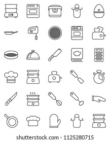 thin line vector icon set - pan vector, cook hat, apron, glove, timer, whisk, spatula, knife, grater, double boiler, cookbook, sieve, dish, mixer, multi cooker, toaster, oven
