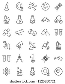 thin line vector icon set - thermometer vector, drawing compass, atom, telescope, microscope, flask, pills, molecule, oxygen, satellite, antenna, vial, dna, drop counter, ovule
