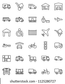 thin line vector icon set - school bus vector, bike, Railway carriage, plane, traffic light, sea container, delivery, car, port, consolidated cargo, warehouse, disabled, amkbulance, garage, trolley