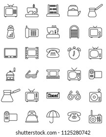thin line vector icon set - washboard vector, kettle, hand mill, turk coffee, glasses, alarm clock, abacus, phone, umbrella, film frame, radio, tv, classic, closed, video camera, sewing machine