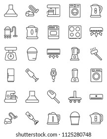 thin line vector icon set - vacuum cleaner vector, bucket, kettle, scales, oven, blender, air conditioner, fridge, washer, coffee maker, hood