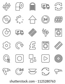 thin line vector icon set - washboard vector, toilet paper, plates, pie graph, arrow up, pound, oxygen, disk, play button, rec, pills blister, gear, refresh, redo, loading, route, relocation truck