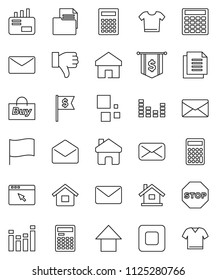thin line vector icon set - calculator vector, flag, arrow up, dollar, document, equalizer, finger down, mail, stop button, browser, home, loading, house, buy, clothes