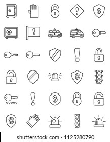 thin line vector icon set - rubber glove vector, dollar shield, safe, attention, traffic light, amkbulance car, lock, unlock, key, sign, siren, password