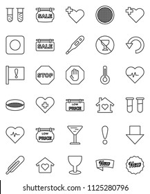 thin line vector icon set - sieve vector, arrow down, heart pulse, no alcohol sign, cross, attention, glass, rec button, thermometer, vial, undo, stop, sale signboard, low price, love home, new
