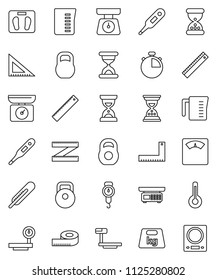 thin line vector icon set - measuring cup vector, scales, corner ruler, sand clock, stopwatch, weight, big, thermometer, store, kitchen