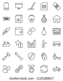 thin line vector icon set - rake vector, garbage pile, oil, spatula, meat hammer, thermometer, cereal, pen, document, wallet, presentation board, medal, money, ship, port, music hit, equalizer, link