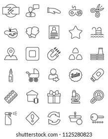 thin line vector icon set - sprayer vector, cook glove, cereal, oil, microscope, magnet, personal information, boxing, pool, map pin, gamepad, speaking man, favorites, stop button, pills blister