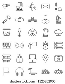 thin line vector icon set - trash bin vector, toilet brush, meat hammer, school building, blackboard, microscope, flag, exam, credit card, manager, dollar calendar, punching bag, route, big scales