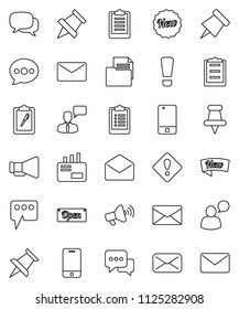 thin line vector icon set - paper pin vector, clipboard, document, loudspeaker, mobile phone, dialog, speaking man, thumbtack, mail, message, attention sign, new, open