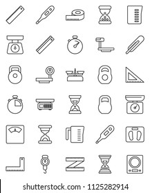 thin line vector icon set - measuring cup vector, scales, corner ruler, sand clock, stopwatch, weight, big, thermometer, store, kitchen