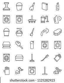 thin line vector icon set - broom vector, vacuum cleaner, mop, bucket, sponge, car fetlock, steaming, washer, washing powder, cleaning agent, rubber glove