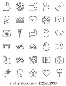 thin line vector icon set - toaster vector, egg, potato, heart pulse, bike, jump rope, horizontal bar, muscule hand, buttocks, swimsuite, medal, fitness mat, breads, no smoking, monitor, cross, bone