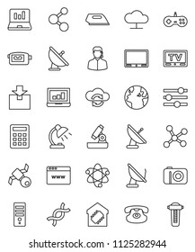 thin line vector icon set - atom vector, microscope, table lamp, laptop graph, molecule, earth, satellite, package, antenna, tv, video camera, classic phone, dna, network, cloud, exchange, browser