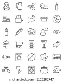 thin line vector icon set - water tap vector, splotch, cleaner woman, grater, toaster, jug, gold ingot, punching bag, muscule hand, bottle, hoop, signpost, calendar, glass, dry cargo, tulip, eye