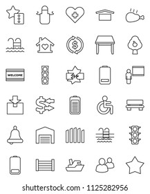 thin line vector icon set - welcome mat vector, apron, chicken leg, blackboard, bell, exchange, pool, traffic light, ship, wood box, dry cargo, package, group, battery, disabled, heart cross, bench