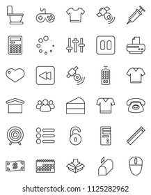 thin line vector icon set - toilet vector, cake, ruler, calculator, t shirt, target, calendar, dry cargo, satellitie, gamepad, settings, remote control, group, heart, pause button, backward, syringe