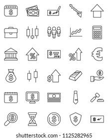 thin line vector icon set - bank vector, dollar coin, graph, gold ingot, japanese candle, cash, crisis, percent growth, money bag, case, investment, auction, check, calculator, search, man, arrow up