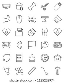 thin line vector icon set - plates vector, ladle, ruler, magnet, molecule, flag, leaf, cent sign, muscule hand, buttocks, heart cross, bone, earth, document, flammable, dialog, scissors, mailbox