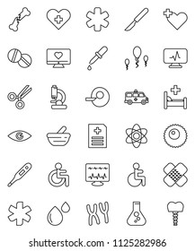 thin line vector icon set - atom vector, flask, heart monitor, ambulance star, disabled, cross, thermometer, eye, insemination, dropper, scissors, scalpel, broken bone, patch, pills, mortar, sperm