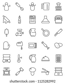 thin line vector icon set - pan vector, measuring cup, apron, cook glove, press, whisk, knife, rolling pin, meat hammer, grater, mixer, microwave oven, double boiler, cookbook, thermometer, jug, oil