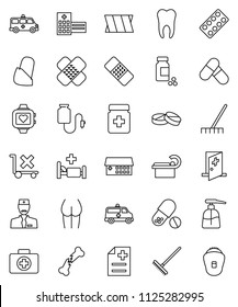 thin line vector icon set - rake vector, liquid soap, pills vial, buttocks, heart monitor, first aid kit, no trolley, broken bone, patch, bottle, blister, anamnesis, hospital bed, building, bandage