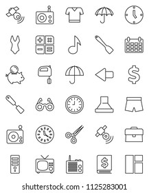 thin line vector icon set - spatula vector, mixer, glasses, music, piggy bank, case, annual report, clock, calendar, dollar sign, shorts, swimsuite, t shirt, umbrella, radio, satellitie, scissors