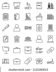 thin line vector icon set - trash bin vector, shining window, student, case, pen, clipboard, archive, exam, binder, phone, receipt, medical room, network folder, router, attachment, user, mailbox