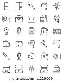 thin line vector icon set - vacuum cleaner vector, kettle, mixer, double boiler, blender, table lamp, tv, rca, windmill, ari condition, fridge, power plug, multi cooker, oven, epilator, fan, bulb