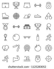 thin line vector icon set - award cup vector, barbell, stadium, weight, jump rope, hand trainer, punching bag, fitball, muscule, snickers, boxing glove, shorts, roller Skates, skateboard, target