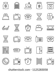 thin line vector icon set - washboard vector, kettle, glasses, alarm clock, abacus, sand, phone, film frame, tv, video camera, classic, fridge, money bag, kitchen scales, sewing machine