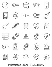 thin line vector icon set - certificate vector, personal information, dollar shield, safe, protected, link, cloud, big data, server, chain, lock, key, siren, unlock, smart home, password