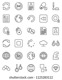 thin line vector icon set - toilet brush vector, glasses, world, personal information, pound, pills, no fastfood, gymnast rings, oxygen, earth, music hit, stop button, backward, cloud network, undo