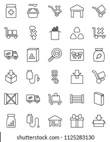 thin line vector icon set - washing powder vector, cereal, pasta, wood box, cargo, no trolley, hook, warehouse, package, search, pills bottle, drop counter, relocation truck, gift