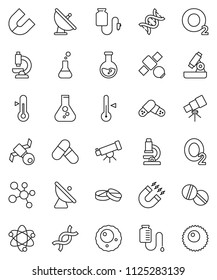 thin line vector icon set - thermometer vector, atom, telescope, microscope, magnet, flask, pills, molecule, oxygen, satellite, antenna, dna, drop counter, ovule