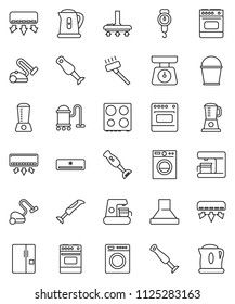 thin line vector icon set - vacuum cleaner vector, bucket, kettle, scales, oven, blender, air conditioner, fridge, washer, coffee maker, hood