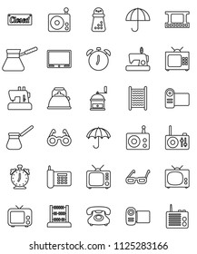 thin line vector icon set - washboard vector, kettle, hand mill, turk coffee, glasses, alarm clock, abacus, phone, umbrella, film frame, radio, tv, closed, video camera, sewing machine