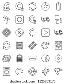 thin line vector icon set - washboard vector, toilet paper, plates, pie graph, pound, oxygen, disk, play button, rec, pills blister, gear, refresh, redo, loading, route arrow, relocation truck