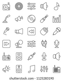 thin line vector icon set - music vector, disk, microphone, radio, speaker, loudspeaker, settings, equalizer, forward button, backward, rca, jack