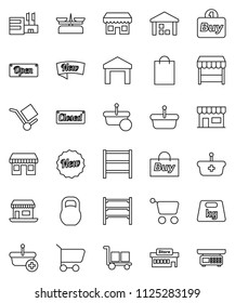 thin line vector icon set - office vector, cargo, warehouse, weight, shelving, new, open, closed, shopping bag, market, store, mall, buy, basket, cart, scales