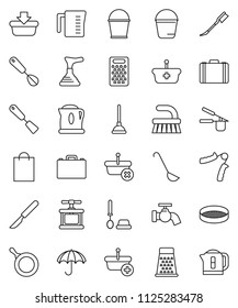 thin line vector icon set - plunger vector, fetlock, bucket, water tap, car, toilet brush, pan, measuring cup, cook press, whisk, spatula, ladle, grater, sieve, case, hand trainer, umbrella, scalpel