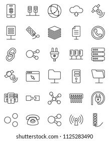 thin line vector icon set - satellitie vector, social media, link, connection, network, server, folder, big data, browser, hub, share, cloud upload, document, wireless, phone, tap pay, power plug
