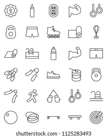 thin line vector icon set - weight vector, hand trainer, punching bag, fitball, muscule, snickers, boxing glove, shorts, roller Skates, skateboard, medal, sports nutrition, water bottle, fitness mat