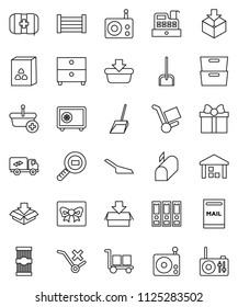 thin line vector icon set - scoop vector, cereal, pasta, archive, binder, safe, first aid kit, wood box, cargo, no trolley, warehouse, package, search, radio, mailbox, relocation truck, gift, basket