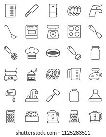 thin line vector icon set - water tap vector, sponge, plates, measuring cup, scales, cook hat, skimmer, spatula, ladle, knife, meat hammer, hand mill, grater, oven, double boiler, sieve, jar, fridge