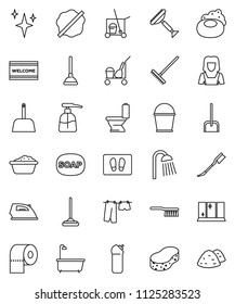 thin line vector icon set - soap vector, plunger, scraper, cleaner trolley, fetlock, mop, scoop, rake, bucket, sponge, car, shining, splotch, welcome mat, iron, bath, toilet, drying clothes, liquid