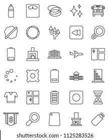 thin line vector icon set - shining vector, window cleaning, splotch, cutting board, school building, bus, sand clock, dollar flag, any currency, scales, t shirt, water bottle, hoop, plane, battery