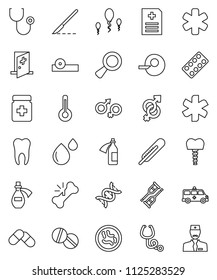 thin line vector icon set - ambulance star vector, thermometer, gender sign, dna, magnifier, insemination, crutches, scalpel, broken bone, stethoscope, pills, bottle, blister, eye doctor hat, potion