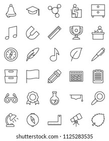 thin line vector icon set - graduate hat vector, pen, pencil, corner ruler, glasses, student, telescope, bell, table lamp, schedule, clipboard, compass, award cup, medal, magnet, music, archive