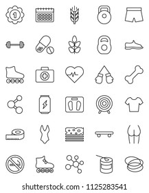 thin line vector icon set - barbell vector, measuring, scales, heart pulse, weight, buttocks, sneakers, boxing glove, shorts, swimsuite, t shirt, roller Skates, skateboard, target, medal, pills